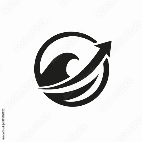 Dynamic circular logo design showcasing a powerful ocean wave merging with an ascending arrow, symbolizing forward progress, growth, and positive direction, ideal for business and technology branding