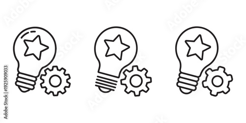 Three lightbulbs with star inside and gears beside, symbolizing ideas, creativity, and mechanical innovation