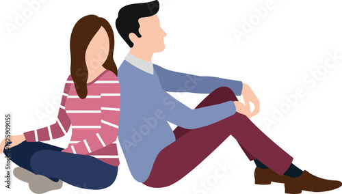 "Minimalist stylized illustration of two people sitting back-to-back, emotional distance, relationship concept, communication gap, posture and clothing design, modern artwork for conceptual themes"