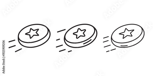 Flying frisbee disc with star symbol and motion lines, outdoor sport toy for park fun and recreation activity.