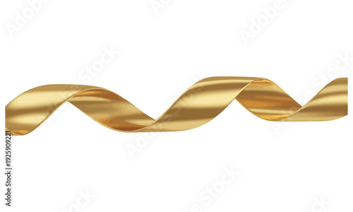 A shimmering golden metallic ribbon elegantly twists and curves horizontally against a pure white background