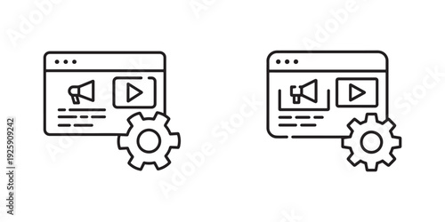 Web page with advertising and video play icons, gear symbol for website settings and configuration.