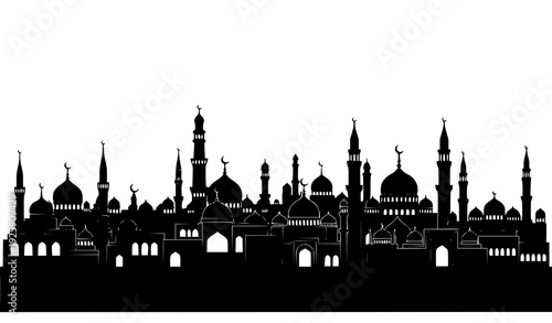 Minimalist Muslim city skyline black silhouette vector Islamic architecture isolated on dark background