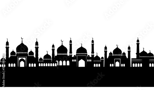 Islamic cityscape silhouette vector panoramic mosque skyline monochrome Arabic architecture isolated on black