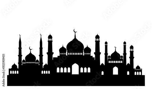Black Islamic city skyline silhouette vector Arabic mosque domes and minarets isolated illustration