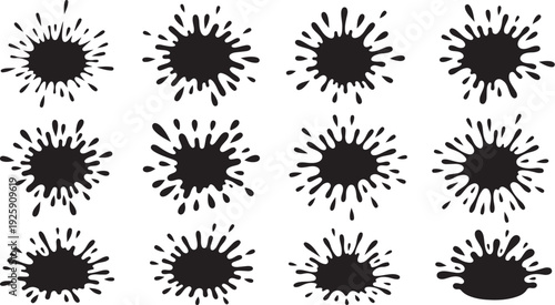 Black ink splatters on white background graphic design elements
