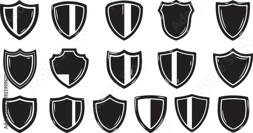 Collection of black and white shield icons on white