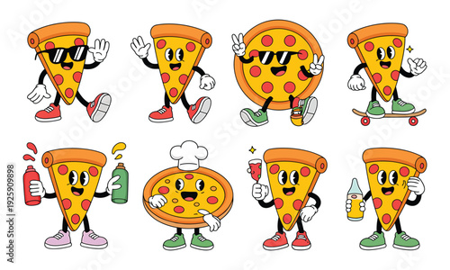 Lively cartoon pizza characters in various poses including skateboarding, wearing sunglasses, and holding sauces