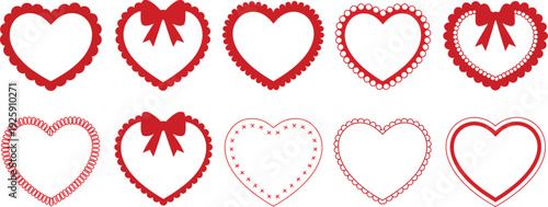 A charming collection of ten red heart shaped frames with decorative borders and ribbons