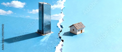 Skyscraper and small house on cracked ground with blue sky and clouds  contrasting rich and poor lifestyle