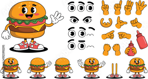 A cheerful cartoon hamburger character with interchangeable eyes, hands, and sauce bottle elements