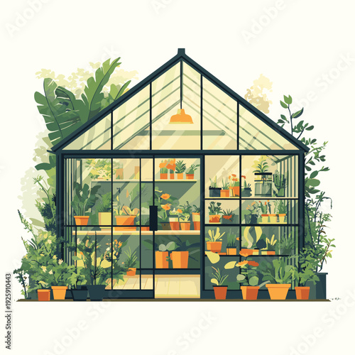 Stylish modern greenhouse with vibrant plants , vector style simple color