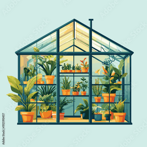 Stylish modern greenhouse with vibrant plants , vector style simple color