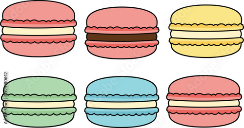 Colorful French Macaron Vector Illustration Set with Strawberry Pistachio and Vanilla Cream Sandwich Cookies for Bakery and Sweet Dessert Design