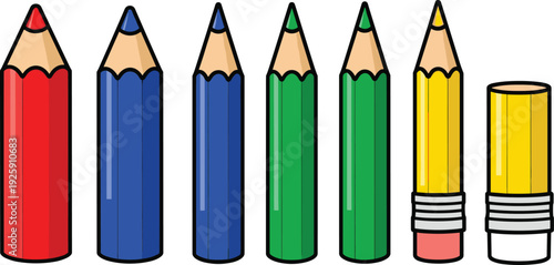 Colorful Wooden Pencil Vector Illustration Set with Red Blue Green and Yellow Pencils and Rubber Eraser Icons for School and Creative Stationery Design
