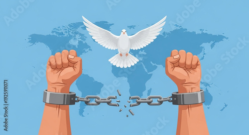 Symbolizing freedom and liberation, hands break free from chains with a dove flying above a world map, representing global peace and unity
