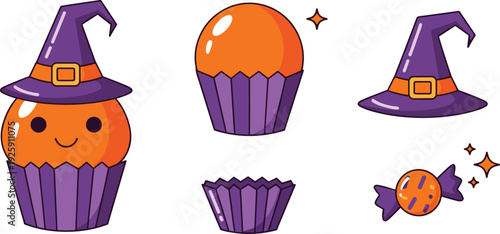 Cute Halloween Cupcake Vector Illustration Set with Witch Hat Orange Muffin Purple Wrapper and Sweet Candy Icons for Spooky Party Design