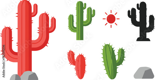 Desert Cactus Vector Illustration Set with Saguaro Green and Red Cacti Sun and Rock Icons for Southwestern Nature and Wild West Design