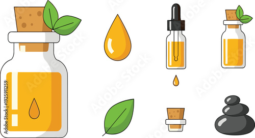 Essential Oil Glass Bottle Vector Illustration Set with Dropper Pipette Golden Liquid Drop and Spa Stone Icons for Aromatherapy and Wellness Design