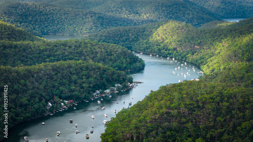 Berowra Waters Aerial Panorama with Boats Along Scenic Hawkesbury River, NSW Australia