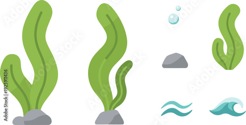 Green Seaweed Vector Illustration Set with Underwater Kelp Algae Marine Plants Ocean Wave and Rock Icons for Aquatic Nature Design