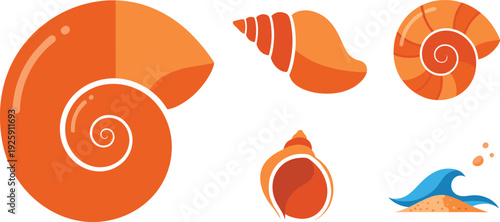 Orange Sea Shell Vector Illustration Set with Spiral Nautilus Conch Shell and Ocean Wave on Sand Icons for Marine and Beach Design