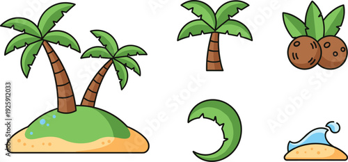 Tropical Island Vector Illustration Set with Green Palm Trees Coconuts and Ocean Wave on Sand Beach Icons for Summer Vacation Design
