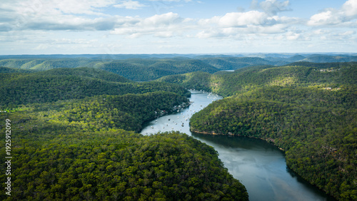 Aerial View of Berowra Waters River Winding Through Lush Forest in New South Wales, Australia