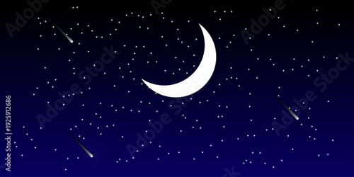 A beautiful crescent moon shines brightly in a starry night sky. Deep dark night with crescent moon against star field in sky concept image. 