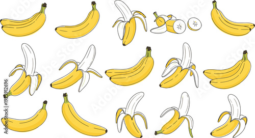 Hand drawn banana illustration set with whole peeled and sliced bananas in multiple positions isolated on white background for food and tropical design use