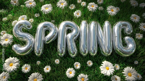 Wallpaper Mural A vibrant green grassy field with white daisies scattered throughout, and the word SPRING spelled out in silver balloons, creating a cheerful and inviting atmosphere. Torontodigital.ca