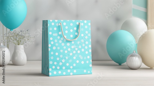 Wallpaper Mural A blue and white polka dot gift bag with a rope handle, surrounded by balloons and a vase containing a plant. The background is slightly blurred, emphasizing the bag and its contents. Torontodigital.ca