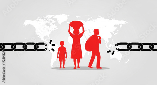 Symbolizing the global fight for human rights and liberation, a broken chain separates silhouettes of a family, illustrating freedom from slavery, poverty, and forced migration worldwide