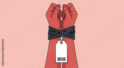 Human trafficking and the dehumanization of individuals, depicted through bound hands with a price tag