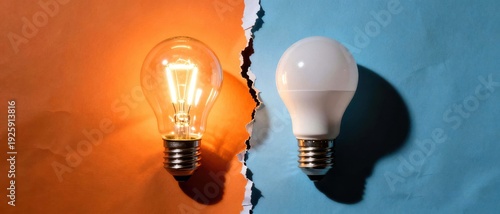 Two light bulbs one glowing and one not on orange and blue torn paper backgrounds  contrasting ideas and innovation