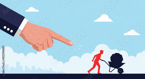 Big Boss Finger Points Blame At Diligent Worker Pushing Wheelbarrow Full of Rocks Under a Cloudy Sky with Distant Cityscape