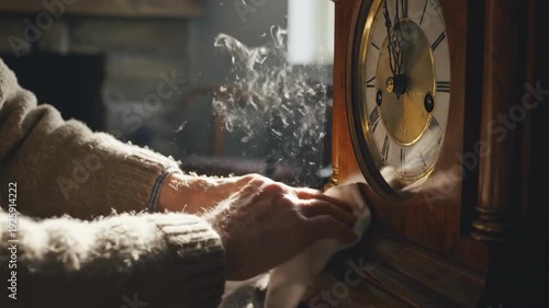A moment of tranquility as someone gently dusts an antique clock, evoking elegance and nostalgia.