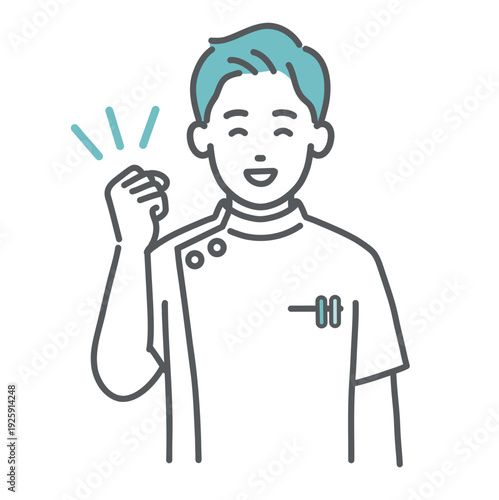 ガッツポーズで応援するケーシー白衣の男性看護師・医療従事者のイラスト（上半身）