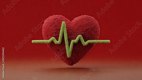 Vibrant red textured heart with a green cardiogram pulse line superimposed symbolizing life health and vital signs