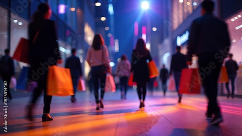 Blurred figures with shopping bags walk through a brightly lit modern urban street at night illuminated by neon signs
