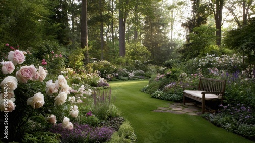 Spring season, garden, flower, fresh, life. A lush garden with a wooden bench situated in the middle, surrounded by a variety of flowers in pink, white, purple, and green.