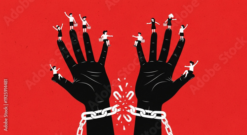 Breaking Free A powerful illustration depicting hands shattering chains, adorned with tiny joyful figures symbolizing collective liberation, human rights, and the triumph over oppression