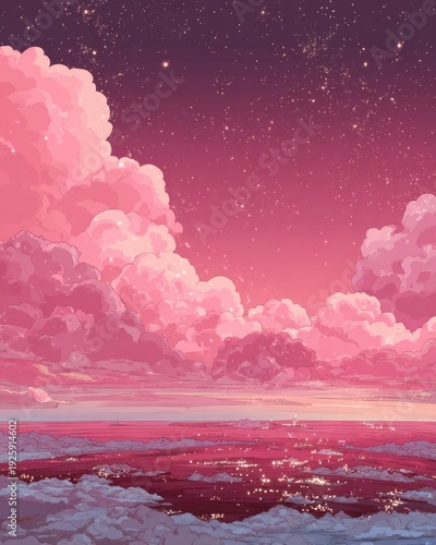 Fluffy pink clouds over city lights, starry night sky