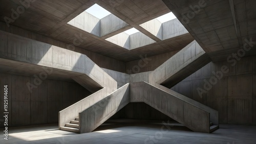 Modern brutalist concrete staircase with geometric skylights casting dramatic shadows evoking mystery and minimalism