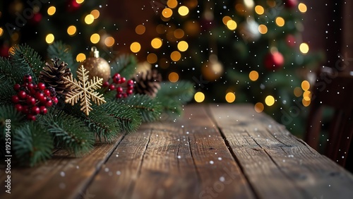 Festive wooden table with christmas tree garland ornaments pinecones and bokeh lights creating a cozy holiday