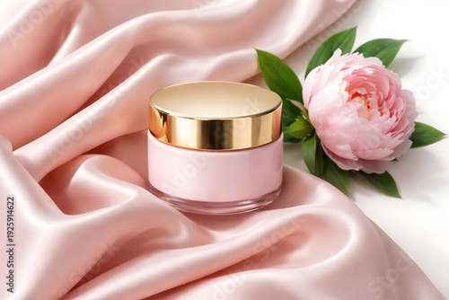 Pink cosmetic cream jar with gold lid on draped satin fabric with a pink peony flower