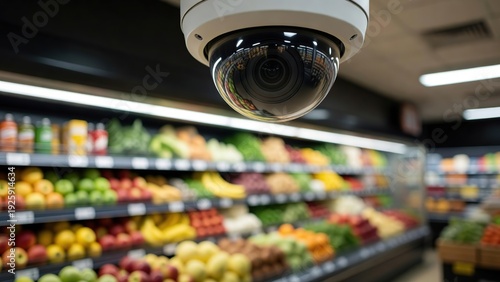 Security surveillance camera mounted above colorful fresh produce aisle in a brightly lit supermarket monitoring