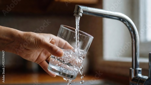Hand holding clear glass filling with clean fresh water from modern kitchen faucet refreshing hydration concept