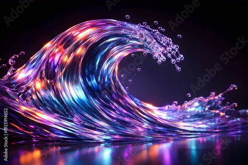 Vibrant neon purple and blue liquid wave with splashes on a dark background, abstract digital art