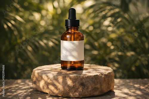 Amber glass dropper bottle with blank white label on a natural stone podium, with blurred green foliage background and dappled sunlight
